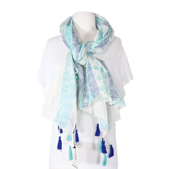 Indaba Unisex Ivory Turquoise Pom-Pom Scarf Graphic Lightweight Cotton Wrap NWT - Picture 2 of 6